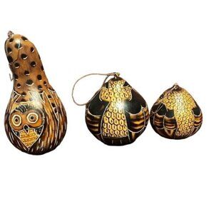 Handcrafted Gourd Owl Ornaments Set of 3 by Lucuma designs artistic detailing